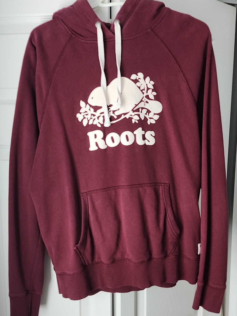 Roots Womens Maroon Crewneck Hoodie with Cream Beaver Logo